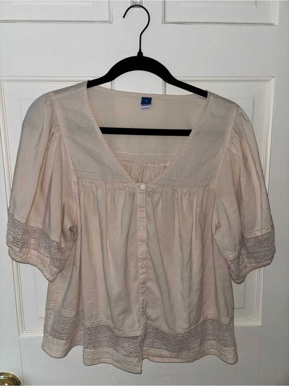 Women's Blush Pink Button-Front Peasant Top with Lace Trim